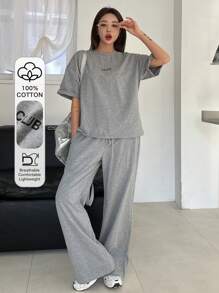 DAZY 女士字母印花宽松圆领T恤和抽绳长裤两件套家居服套装 - 灰色 - 查看 1