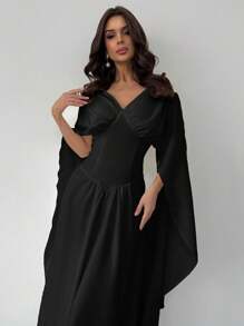 SHEIN Privé Women's Elegant Romantic Charm V-Neck Belted A-Line White Maxi Dress With Super Long Sleeve, Suitable For Valentine's Day, Vacation, Spring/Summer - Black - View 7