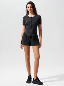 Menodora SHEIN Sport Cloudkiss 95%Cotton Women's Casual Knit Front Zip Short Sleeve Fitted T-Shirt - Dark Grey - View 7