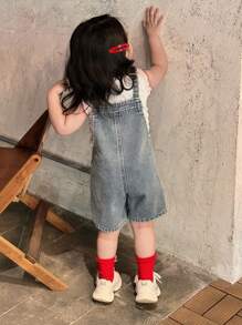 Dazy Kids 女童休闲宽松破洞牛仔背带裤，可爱夏季 - 淺灰色 - 查看 1