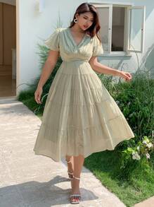 Dazy Plus Textured Fabric V-Neck Puff Sleeve Tie-Back Maxi Summer Dress Vacation Outfits Women - Mint Green - View 3