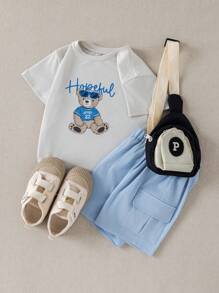 PrepCrw Kleine Jungen Collegestyle Bär Grafik Kurzarm T-Shirt und Shorts Set