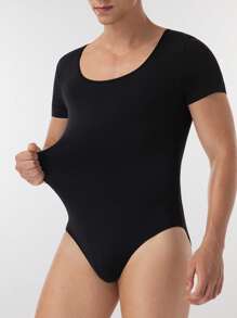 SHEIN 1pc Men's Solid Color Short Sleeve Black Shapewear Bodysuit, Fashion Fit For Summer - Black - View 1