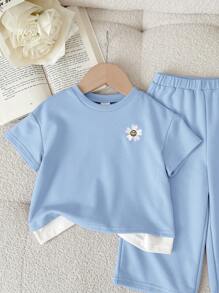SHEIN Baby Girls Spring/Summer Cute Purple Flower Pattern 2 In 1 Short Sleeve T-Shirt & Elastic Waist Pants Set - Blue and White - View 3