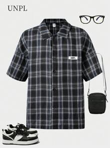 SHEIN Explorewe 1pc Boys' Classic Plaid Drop Shoulder Single-Breasted Lapel Formal Shirt, Spring/Summer