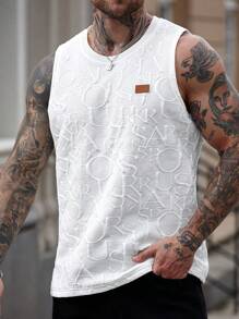 Manfinity Homme 男士夏季字母压花圆领休闲百搭背心 男士白色图案背心 男士图案背心 - 白色 - 查看 3