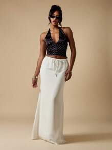 MISSGUIDED 优雅亚麻质感长裙抽绳高腰飘逸晚会婚礼派对秋冬度假装长裙 - 白色 - 查看 3