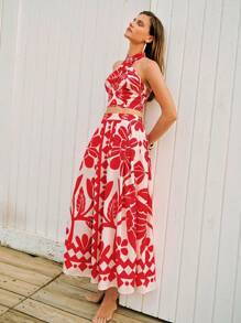 Maija 女士红色夏季套装包括露背露背短款上衣和花卉印花 A 字裙，配有松紧腰带和侧拉链，舒适的夏威夷海滩度假两件套服装