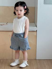 Dazy Kids Baby Girl Washed Casual Ruffle Trim Light Color Denim Shorts, Summer