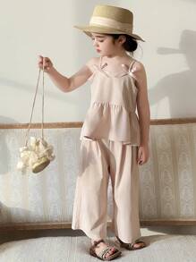 DAZY 2pcs/Set Young Girl Casual Bow Decor Loose Camisole Shirt And Straight Leg Pants Set, Girls Summer Outfits - Pink - View 4