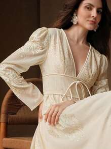 Anewsta Embroidered Floral Beaded V-Neck Long Sleeve Elegant Modern Women Dress, Spring/Summer - Apricot - View 1