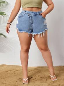 SHEIN CURVE+ Pantaloni scurți din denim spălați și uzați, mărime plus, de vară, casual