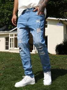 Manfinity Roughcore Jeans décontractés et délavés effilochés pour hommes - Jean clair - Voir 8