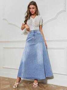 SHEIN Essnce 女式长款休闲百搭牛仔A字裙，带口袋 - 淺色水洗藍 - 查看 3