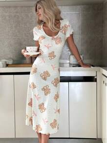 SHEIN Jacquard Knit Cartoon Bear Pattern Women Nightgown - White - View 3