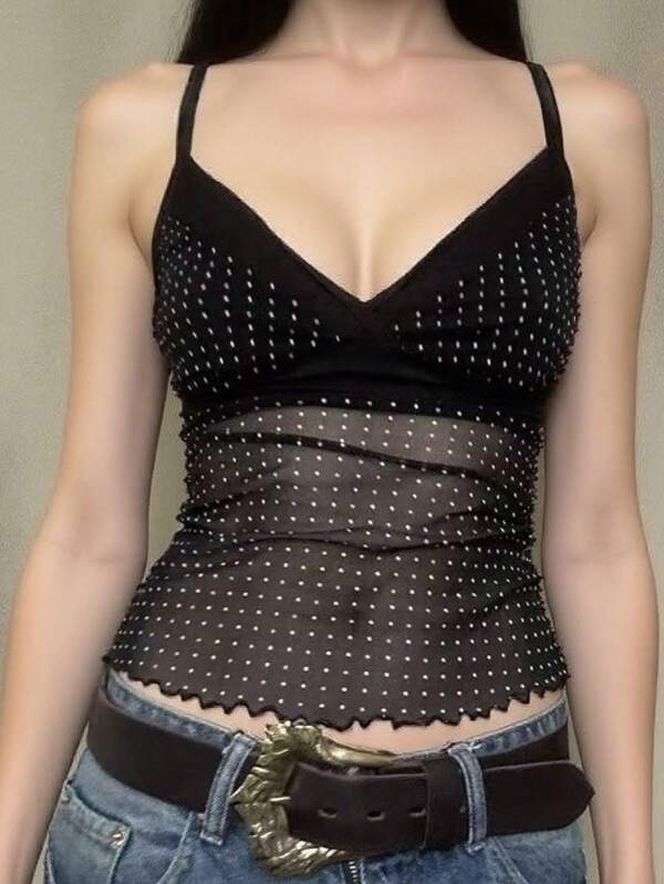 Jouncy Camizolă sexy cu buline, plasă, model patchwork, decolteu în V, bretele spaghete, vară
