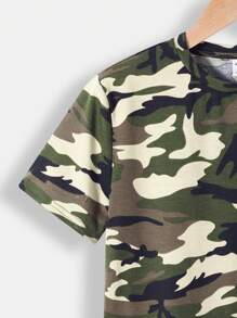 SHEIN Tween Boy Camo Print Casual Knit Short Sleeve Crew Neck T-Shirt, Summer - Green - View 5