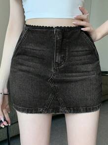 DAZY 女式黑色蕾丝边休闲牛仔迷你裙牛仔裙 - 黑色 - 查看 1