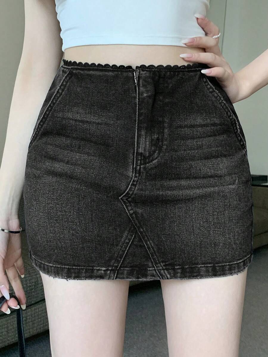 DAZY 女式黑色蕾丝边休闲牛仔迷你裙牛仔裙 - 黑色 - 查看 1