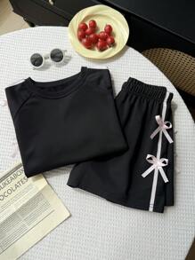 2pcs/Set Girls Casual All-Match Daily Sports Style Fashion Co-Ord Set: Loose Knit T-Shirt With 3D Bow Trim + Shorts