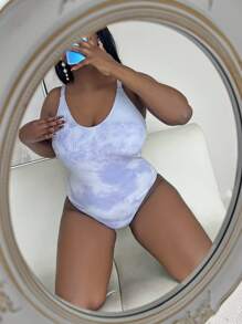 Slaydiva Plus Size Tie Dye Printed Round Neck Ribbed One-Piece Swimsuit,Summer,Bathing Suits,One Piece Bathing Suit - Mauve Purple - View 4