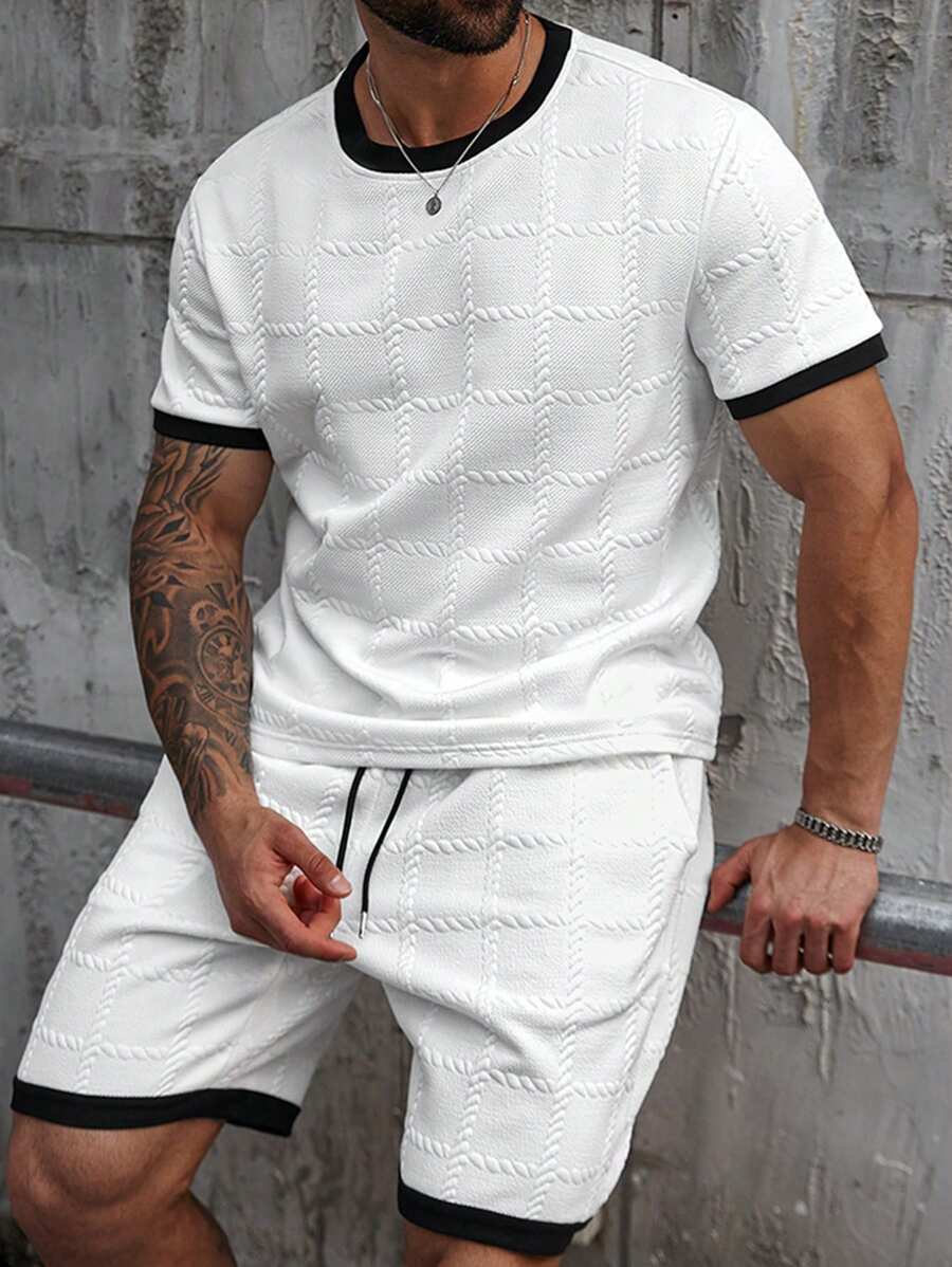 Manfinity Homme Plus Size Men Summer Casual Round Neck Short Sleeve T-Shirt And Drawstring Waist Shorts 2-Piece Set, Suitable For Daily Casual Outings And Gatherings With Friends, 2 Piece Summer Set Men, Men's Textured Two-Piece Set