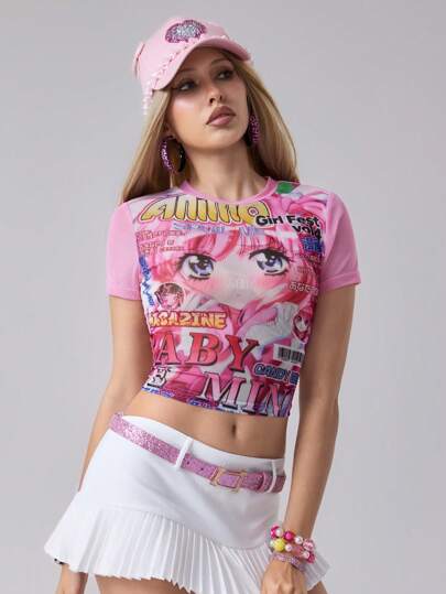 Anime Blusa ajustada para mujer de manga corta con diseño gráfico de personaje de anime transparente y sexy