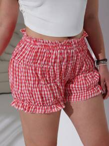 SHEIN EZwear Plus Size Women Red Plaid Ruched Waistband Shorts, Summer