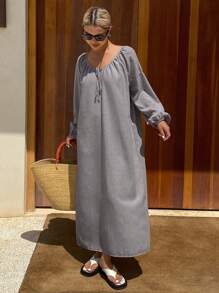 Livesso 秋季女士纯色宽松长袖露背抽绳休闲度假连衣裙