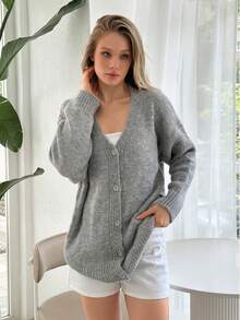 EURMUSE Women's Gray Drop Shoulder Long Sleeve Single Breasted Casual Loose Cardigan Knitted Cardigan Cardigan Sweater Grey Cardigan Knitted Cardigan For Women Button Up Cardigan Thin Cardigan Womens Cardigan Old Money Style Women Autumn Clothes ,Petite Cardigans,Cardigans - Grey - View 4