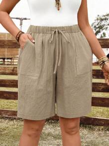 EMERY ROSE Plus Size Women's Summer Casual Solid Color Drawstring Waist Side Pockets Loose Shorts - Apricot - View 7