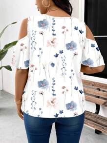 SHEIN Frenchy Plus Size Women Casual Floral Print Lace Patchwork Off Shoulder Blouse, Suitable For Summer Suitable For Going Out Chic Blouses For Women - White - View 3