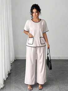 Calvaya Set de 2 piezas conjunto informal de verano elegante y con estilo de color contrastante con bolsillo para vacaciones
