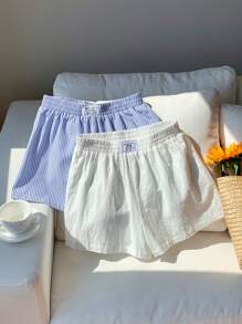 Comfortcana 女士夏季休闲宽松短裤，2 件/套女士夏季休闲亚麻蝴蝶结条纹短裤和白色抽绳裹身短裤套装适合海滩度假，超短裤 - 彩色 - 查看 5