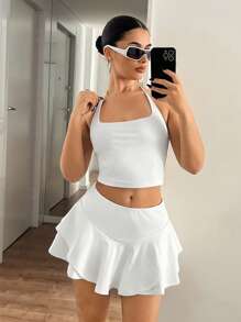 SHEIN ICON 夏季白色网球沙滩度假夏威夷低腰休闲纯色双层迷你裙内搭短裤