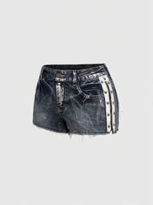 ROMWE Grunge Punk Y2K Gyaru 做旧水洗银色拉链侧开口袋抽绳装饰迷你牛仔短裤 - 藍色 - 查看 3