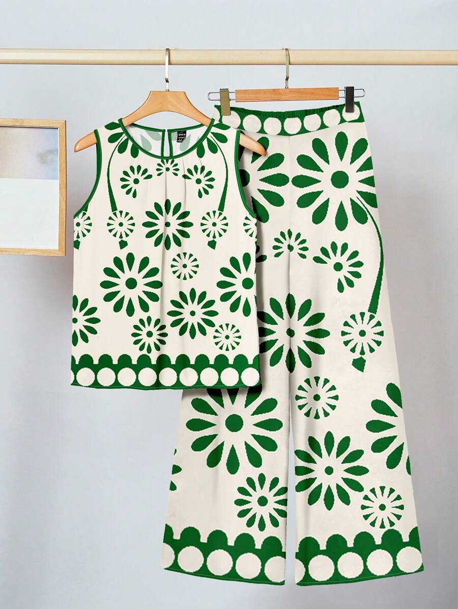 SHEIN Clasi 2 pièces/Set Femmes Débardeur ample à col rond avec motif floral rétro et pantalon évasé, convient pour les vacances d'été