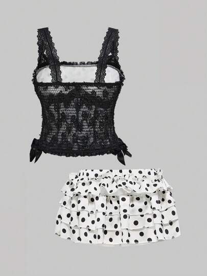 Grunge Punk Plus Size Women Y2K Polka Dot Contrast Lace Two Pieces Set