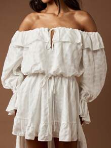 MISSGUIDED Bohemian Off Shoulder High Low Maxi Dress With Ruffle Details Long Sleeve Drawstring Waist Flowing Wedding Guest Party Summer Fall Ball Gown - White - View 6