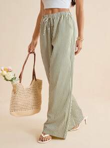 SHEIN Tall Women Tie Waist Striped Wide Leg Loose Casual Pants,Cargo Pants - Green - View 7