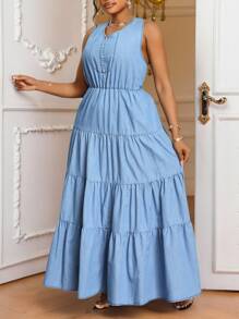 SHEIN Lady 大码蓝色牛仔无袖宽松休闲连衣裙 - 中等水洗藍 - 查看 5