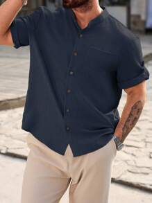 Manfinity Homme Men's Plus Size Solid Color Minimalist Short Sleeve Casual Shirt - Navy Blue - View 3