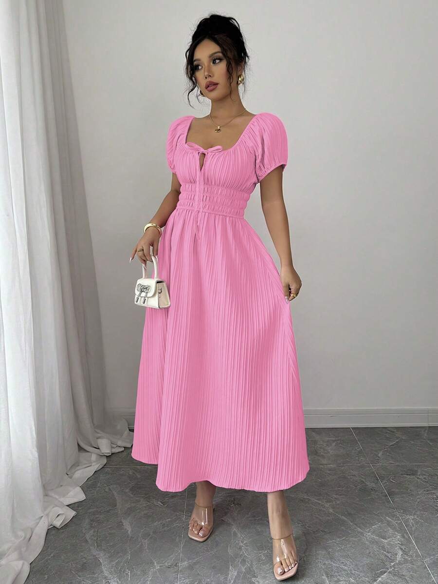 Rafferiza Damer i enfärgad främre knuten puffärm Elegant midja med knäppning - Rosa - Visa 1