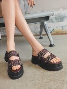 Sugerpunk 女士黑色圆头厚底铆钉凉拖，休闲时尚街头风格人字拖 - 酒紅色 - 查看 7