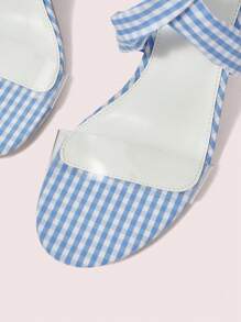 CUCCOO DOLLMOD 女士时尚优雅通勤休闲度假混色撞色绑带格纹面料粗跟蓝色罗马凉鞋 - 藍色 - 查看 7