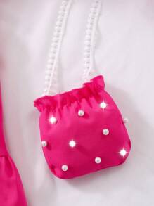 女童纯色翻领泡泡袖开衫连衣裙（配迷你包）夏季 - 玫紅色 - 查看 8