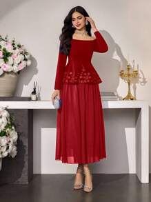 Modelyn 2 件女式法式优雅露肩上衣，带刺绣和腰线，修身 - 紅色 - 查看 3