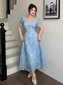 Modelyn 女式法式蕾丝优雅束腰连衣裙 - 藍色 - 查看 5