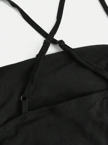 SHEIN Girlism 少女黑色网眼针织弹力贴身迷你吊带裙，露背无袖派对俱乐部装，春夏季 - 黑色 - 查看 3