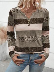 EMERY ROSE Women Striped Button Notch Neck Casual Long Sleeve T-Shirt, Random Print, Autumn Graphic Tees Women Tops For Spring Fall Cloth For Women - Multicolor - View 7